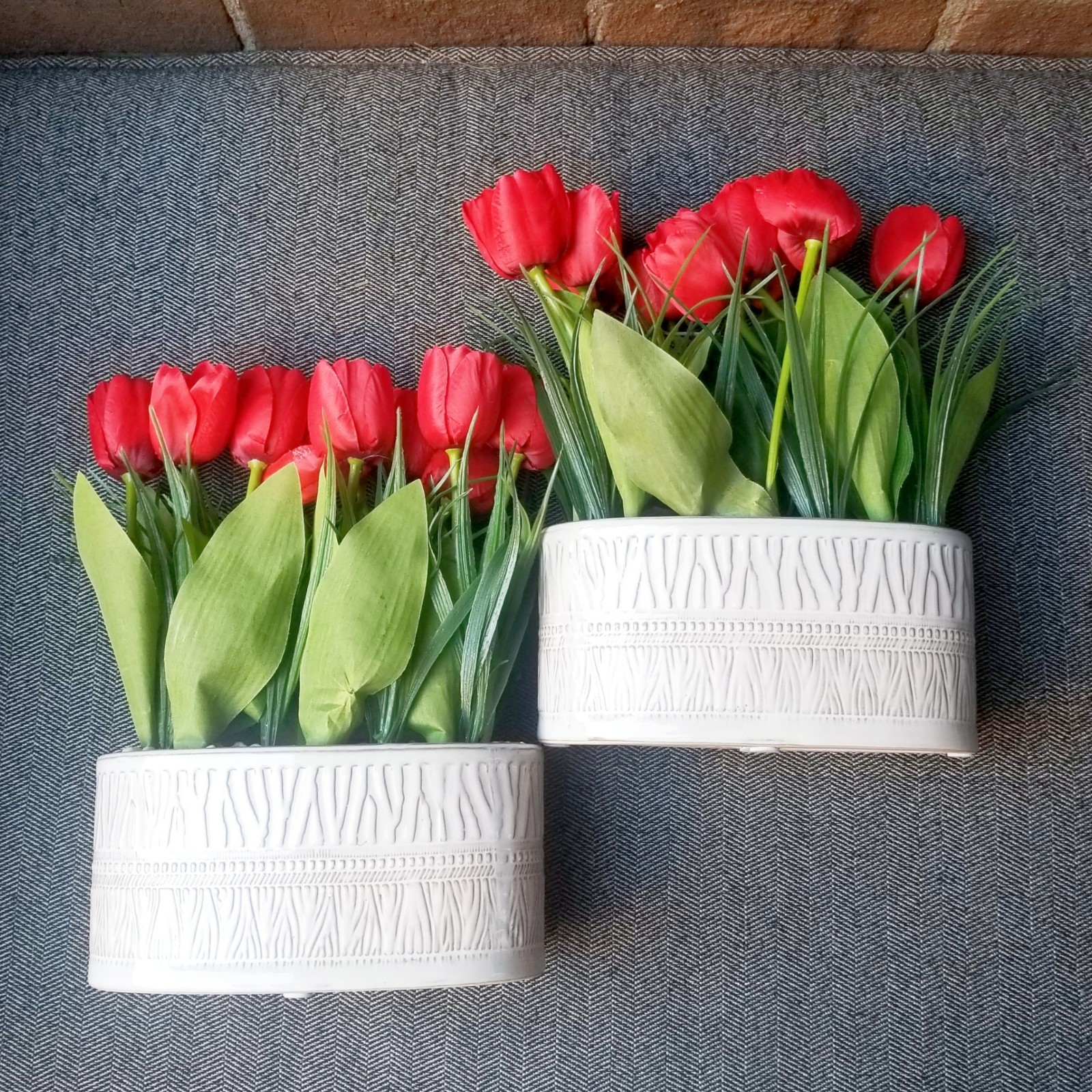 Red Tulips Flowers Planters Artificial Potted Houseplants White Pots Fake Set x2
