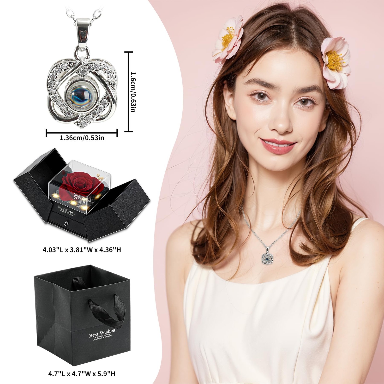 Preserved Real Red Rose with I Love You Heart Necklace 100 Languages – Eternal