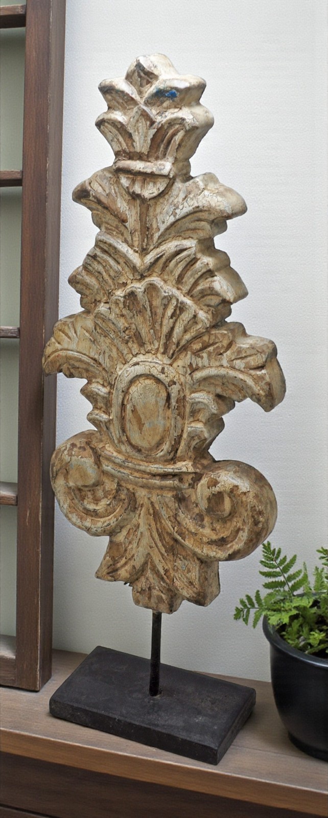 Hand Carved Wooden Flower Carving Panel Plaque on Stand Rustic White Painted