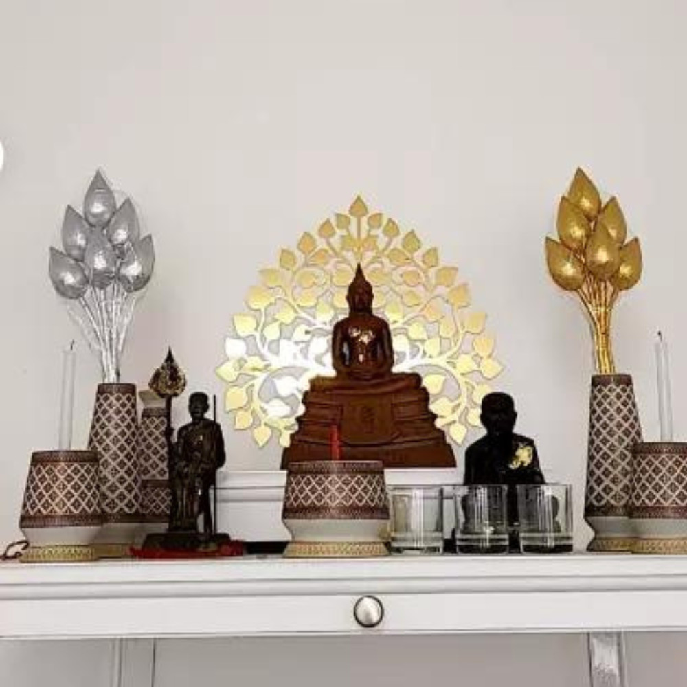 Pair Gold Silver Lotus Flower Thai Buddha Decor Plastic Artificial Floral Art