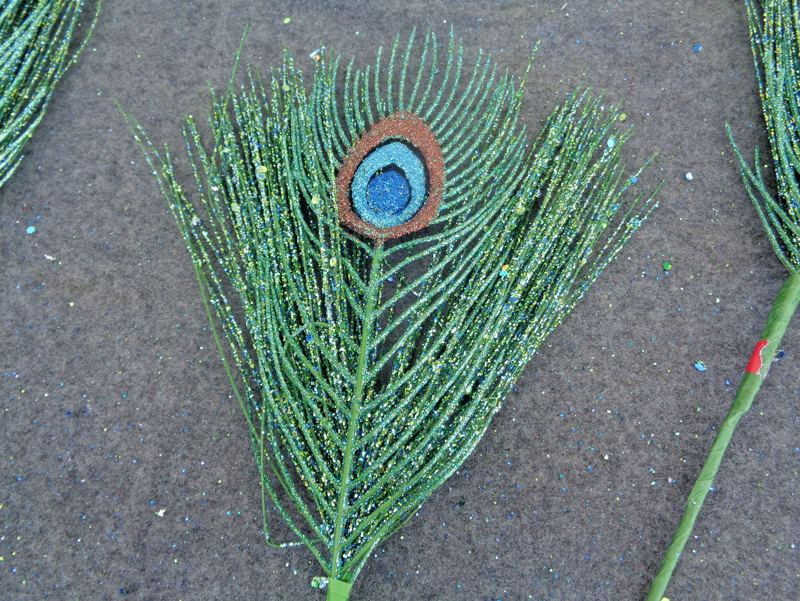 6- Green Glittered Peacock Feather Stems Floral Picks 14″
