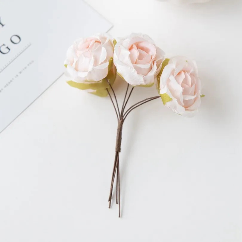 6Pcs Artificial Silk Tea Rose Mini Bouquet for Wedding Christmas Diy Home Decor