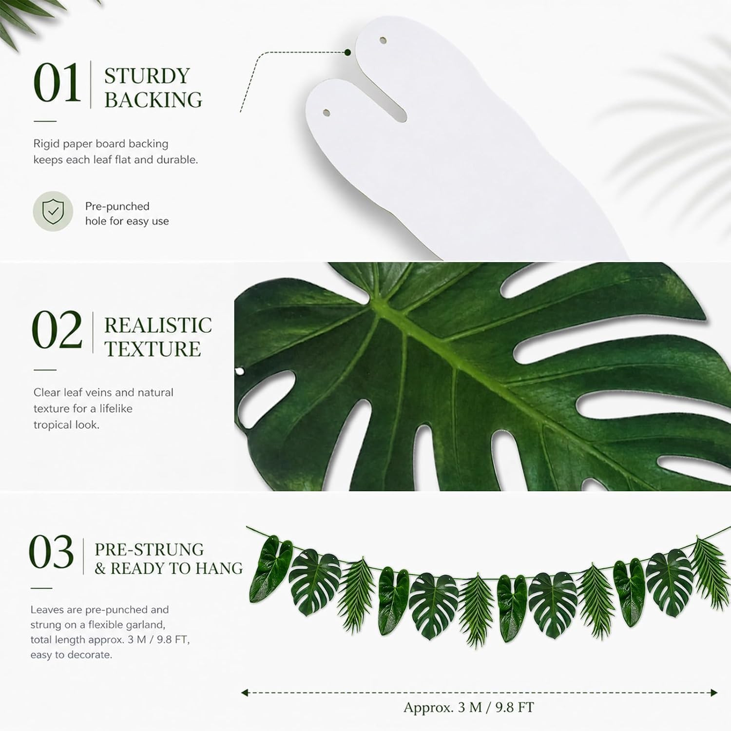 Tropical Leaf Garland with Palm and Monstera Leaves, Hanging Hawaiian Cardboard
