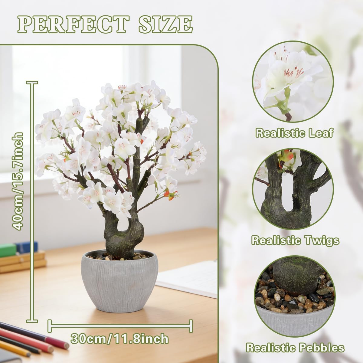 Realistic White Cherry Blossom Bonsai Tree – 15.7″ Potted Floral Decor