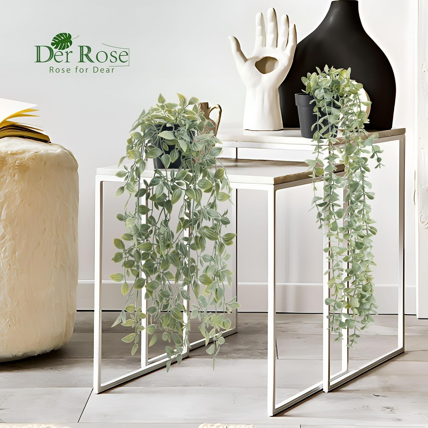 Realistic Faux Eucalyptus & Pea Pod Plants in Elegant Black Pots – 2-Piece Set