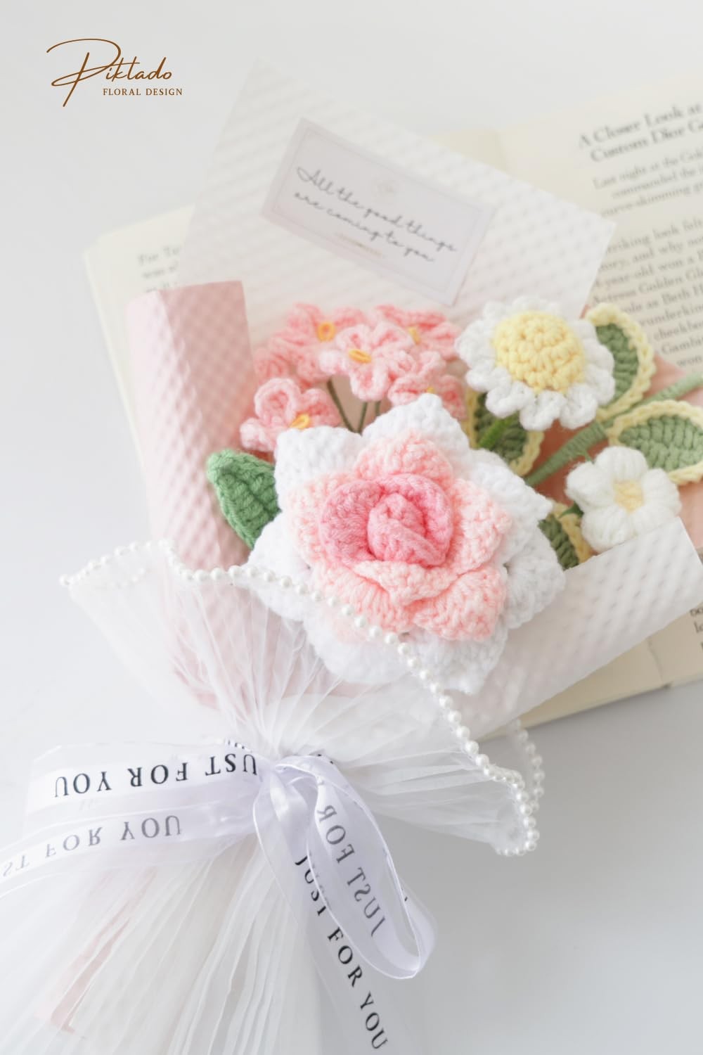Piklado Handmade Crochet Pink Rose Daisy Bouquet for Family & Friends Finishe…