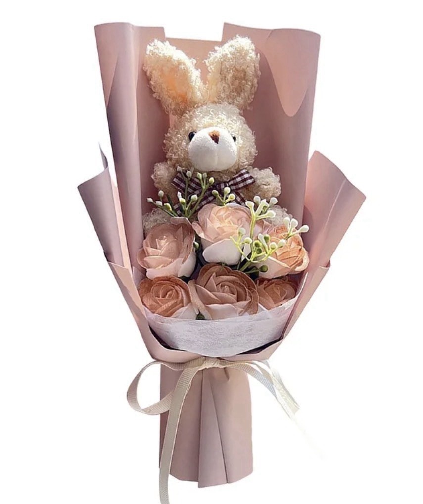 Bunny Bouquet,Stuffed Animal with Artificial Rose Bouquet- Beige & Brown NEW