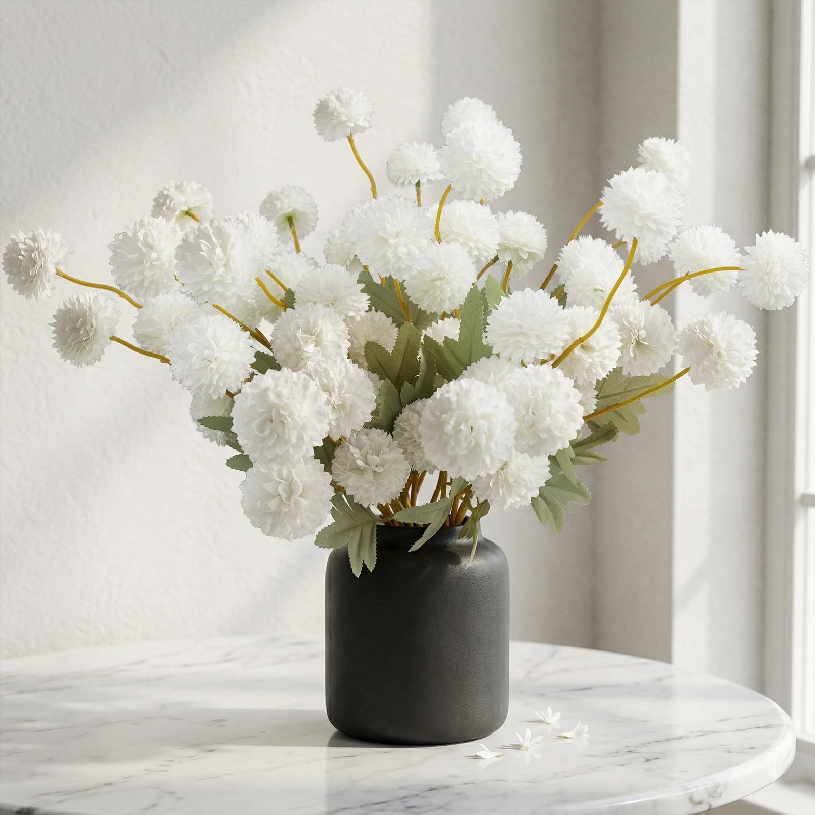 12 PCS Artificial White Chrysanthemum Kiku Pom Mums Faux Floral Centerpiece