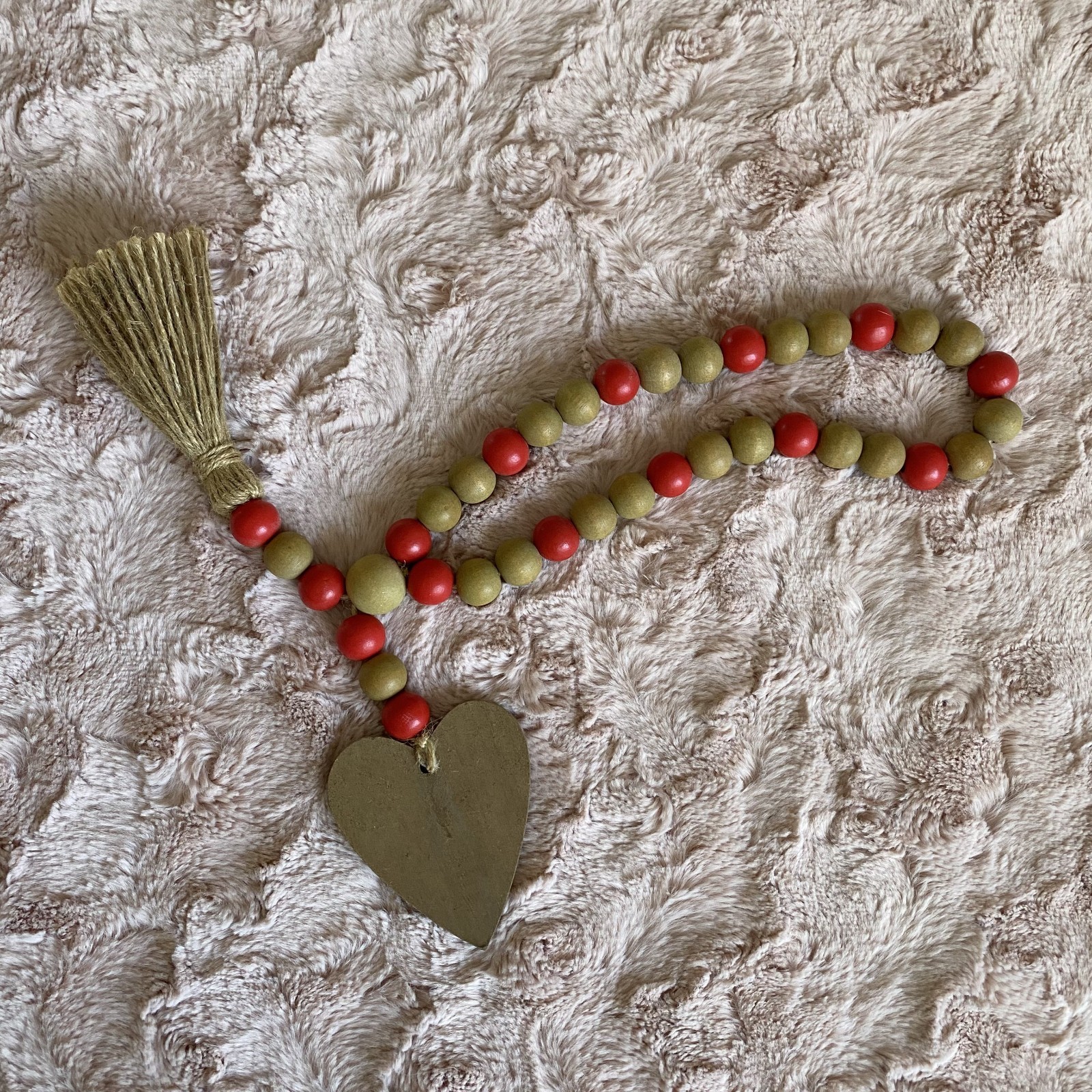 Wood Bead Pink & Tan Tassels Heart Love Garland Loop 17″