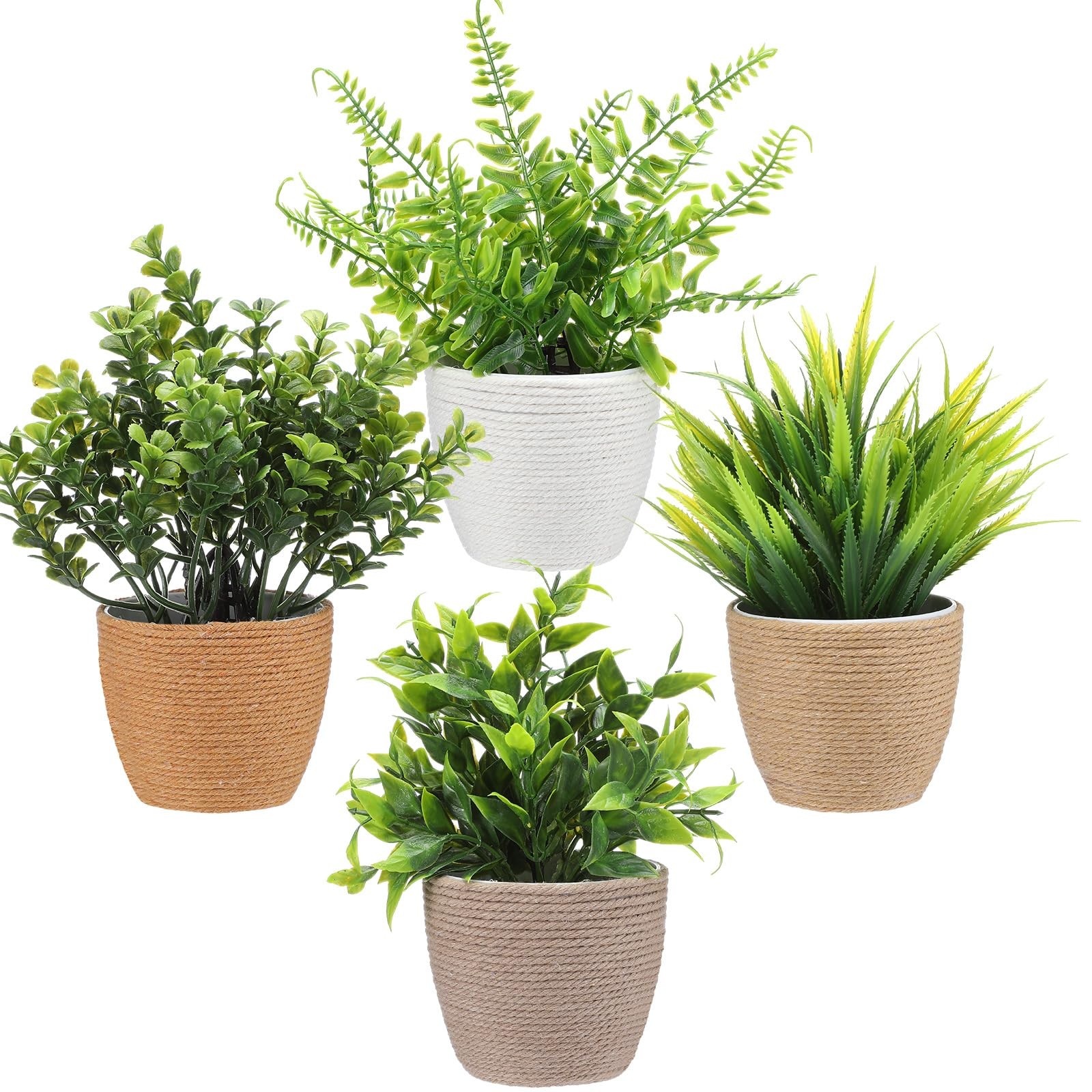 4 Pcs Boho Woven Artificial Plants, 8.7″ Small Faux Eucalyptus in Woven Plant…