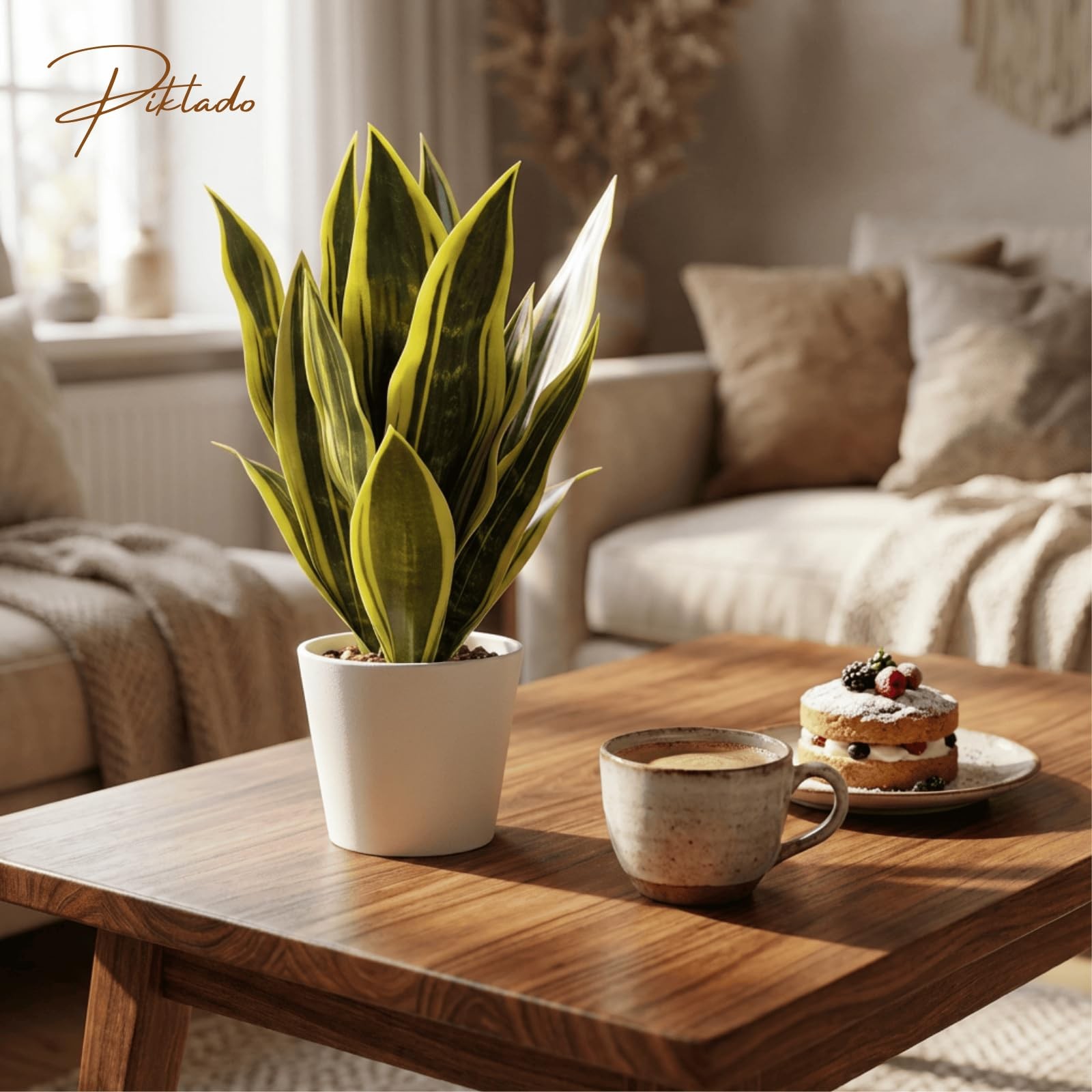 Artificial Snake Plants White Pot 15.5 Inch Sansevieria Green Yellow1 Decor