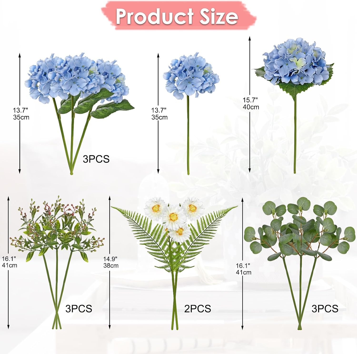 Hydrangea Artificial Flowers, 12PCS Mixed Blue Faux Flowers with Hydrangea &