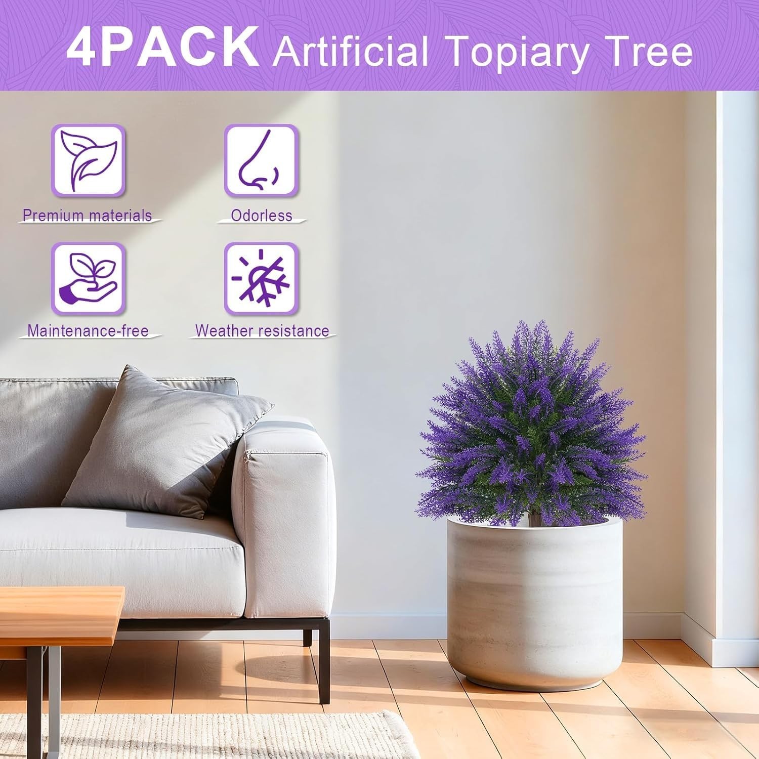4 Set 16” Artificial Lavender Topiary – UV Resistant Faux Shrubs for Garden & P