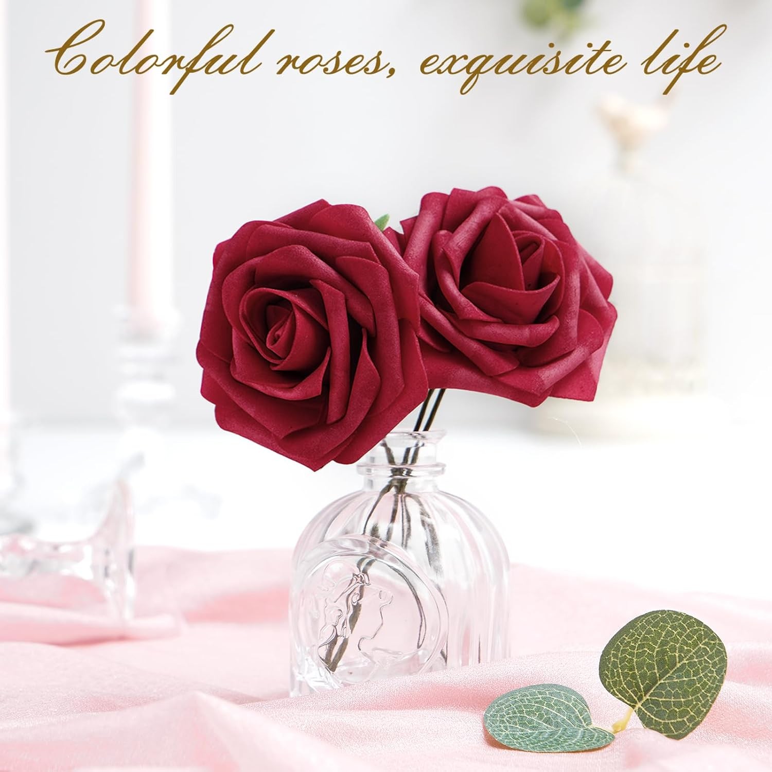 16Pcs Artificial Flowers Fake Roses with Stems, Burgundy Boxed Foam Roses for