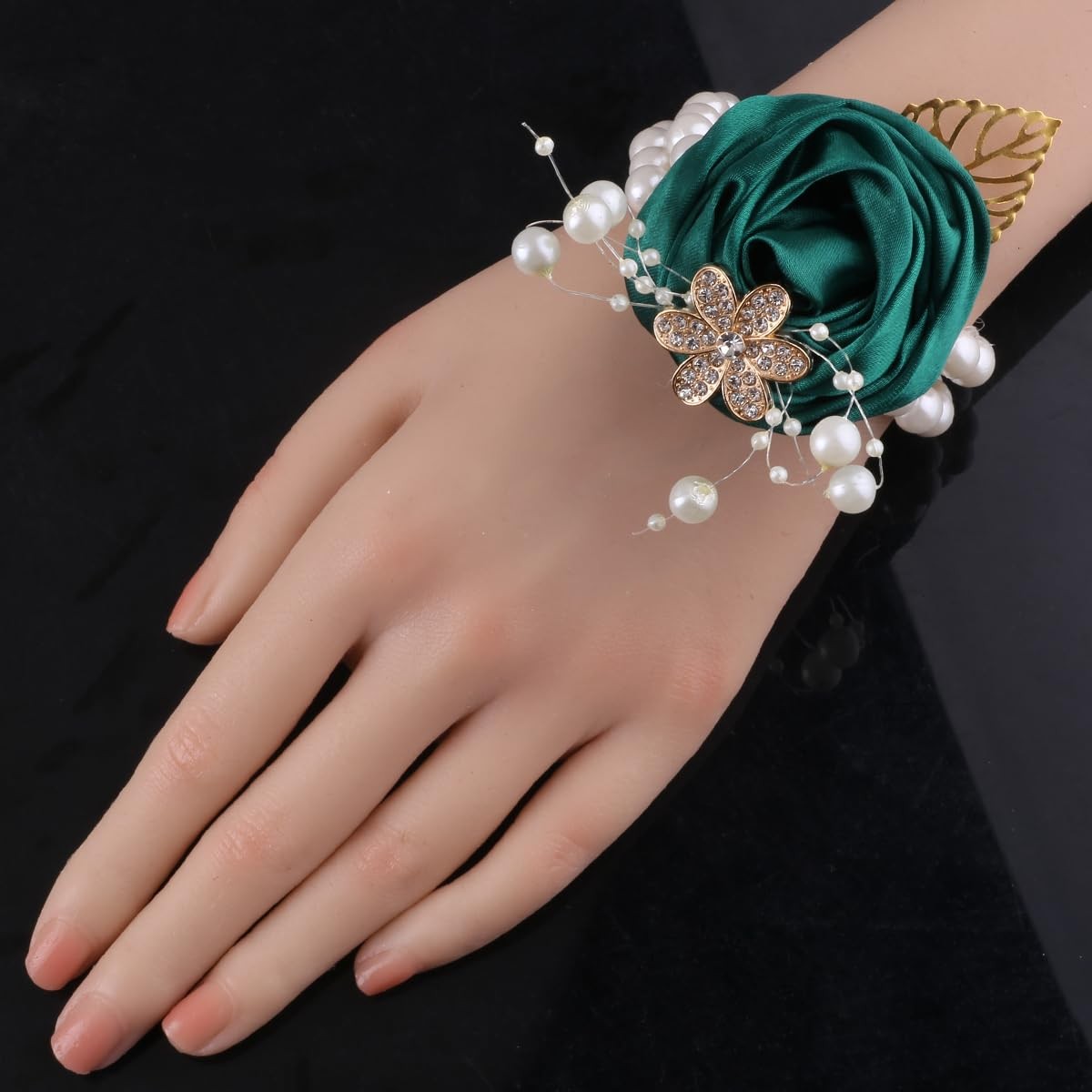 5 PCS Pearl Beaded Satin Wrist Corsage Artificial Flower Emerald Green