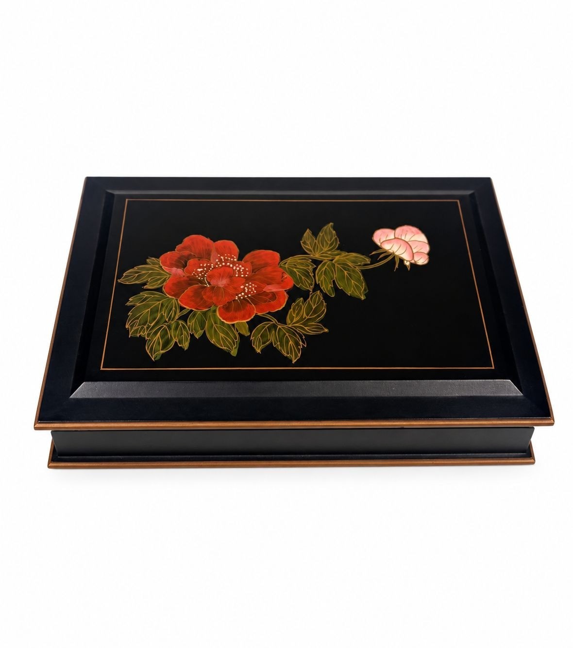 Jewlery Box Embossed Flowers Chinoiserie Oriental Boudoir Table Home Decor Black
