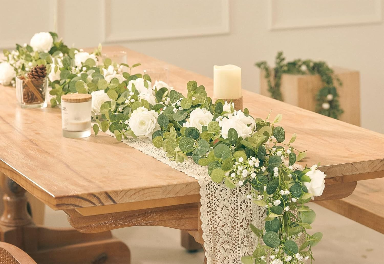 5.91FT Artificial Eucalyptus Garland with Flowers, Fake Flower Rose Gypsophila,