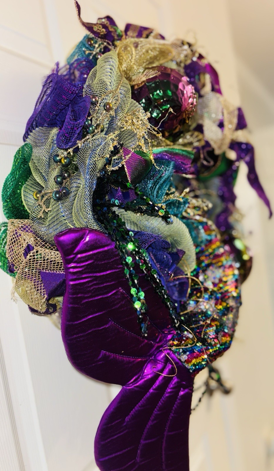 Mardi Gras Wreath Extra Large With Mermaid Tail and Fleur De Lis Handmade Deco