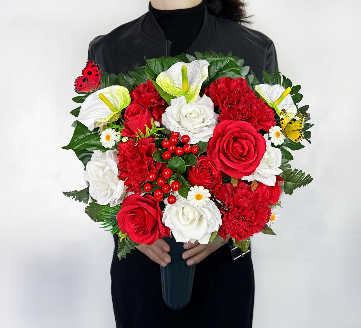 Elegant Artificial Cemetery Flowers with Vases – 3Pc Red Rose & Carnation Set