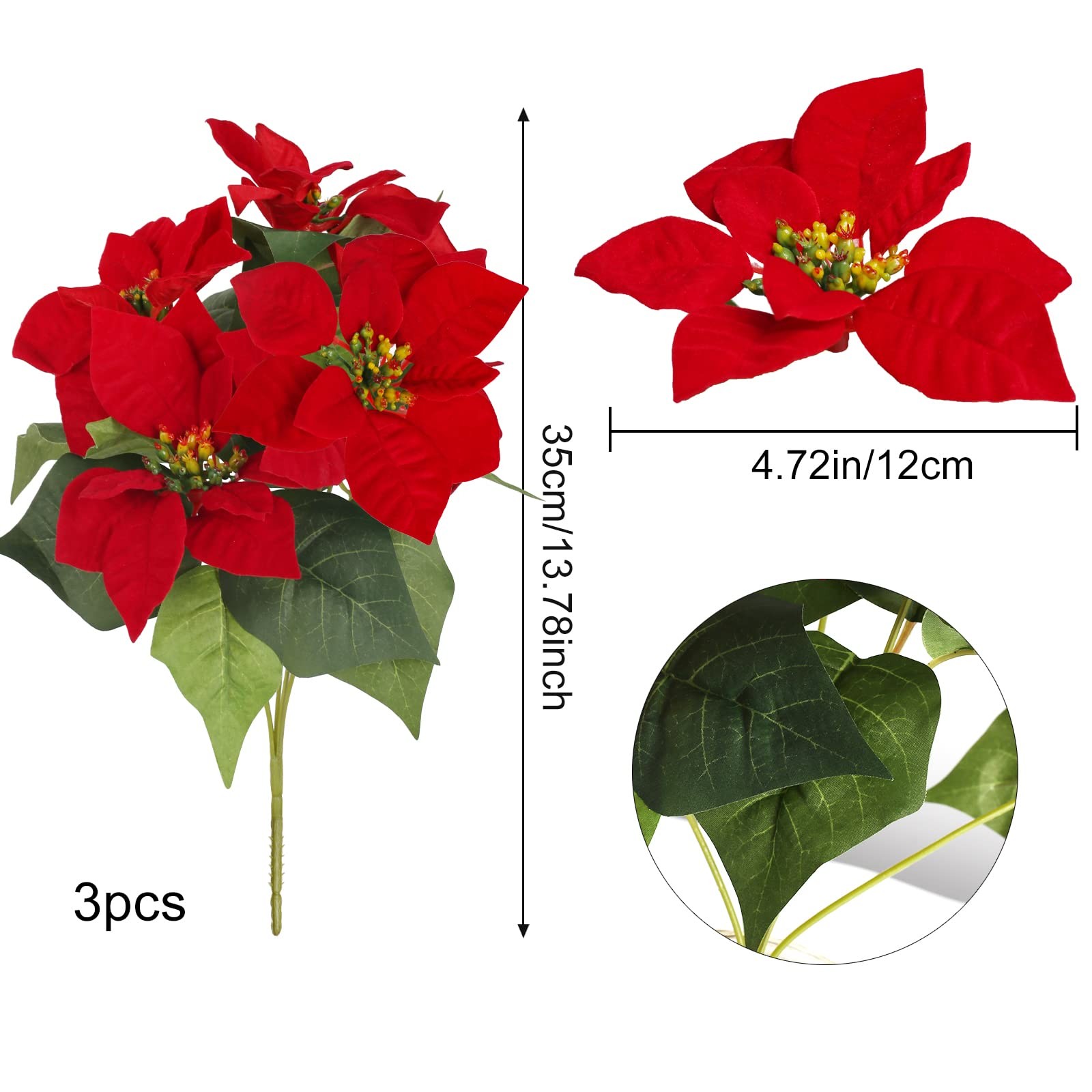 3 PCS Poinsettia Flower Christmas Artificial Bouquet 14 Inch Centerpiece