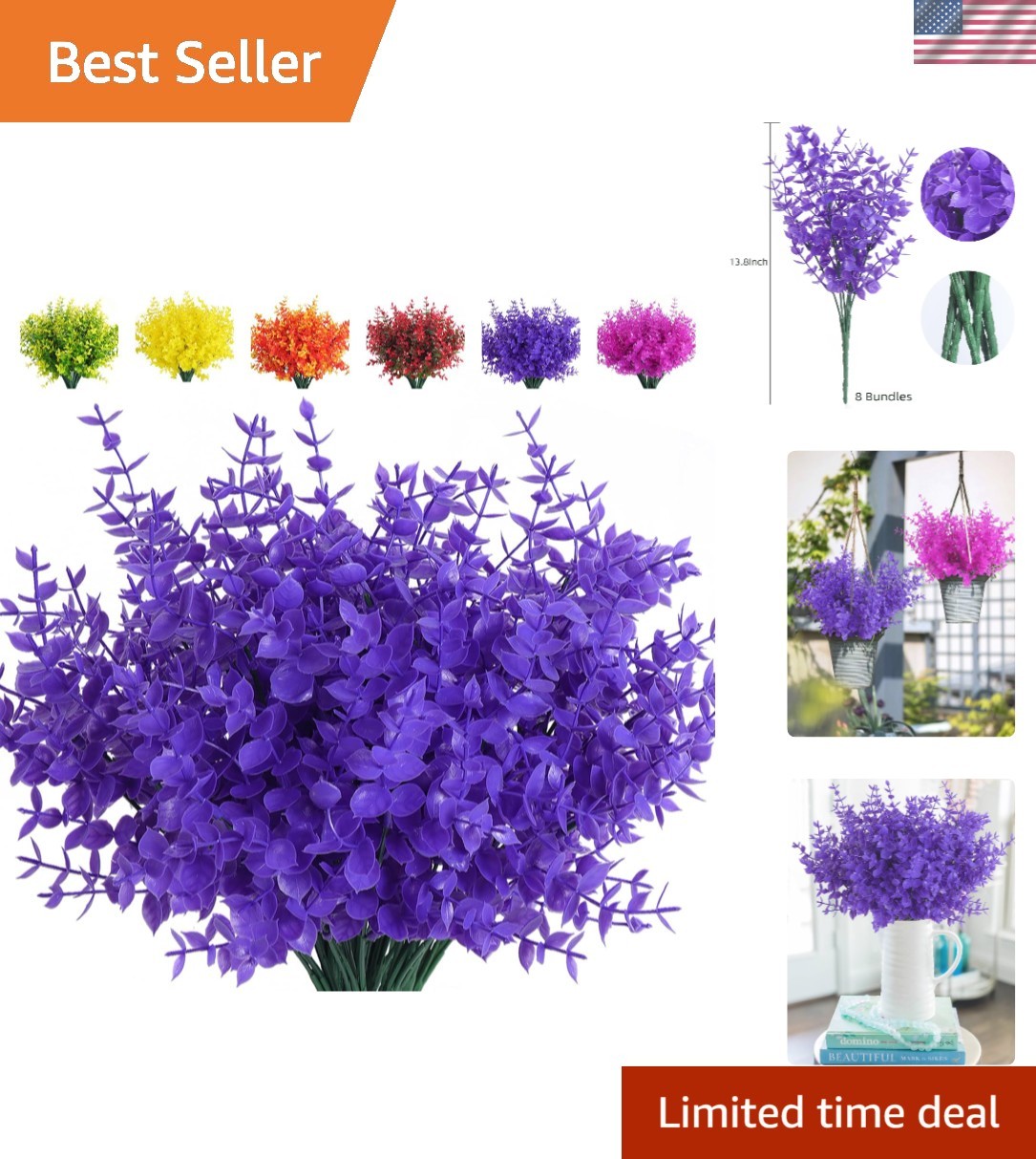 Vibrant UV Resistant 8 Pcs Fake Plants – Pure Purple Eucalyptus for Home Decor