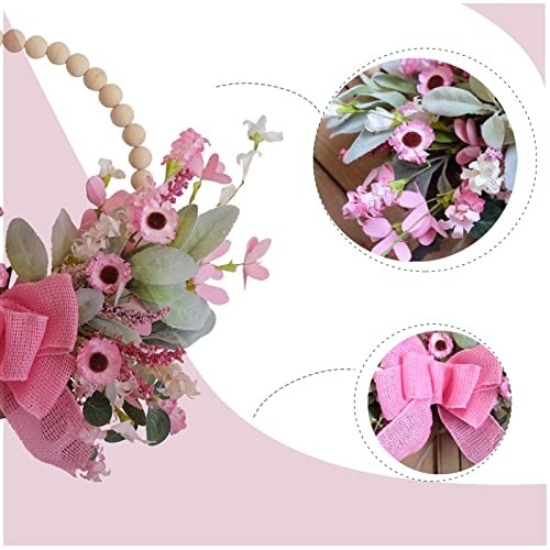16″ Spring Wooden Beaded Door Wreath Pink Daisy, Burlap Bow Wreath,
