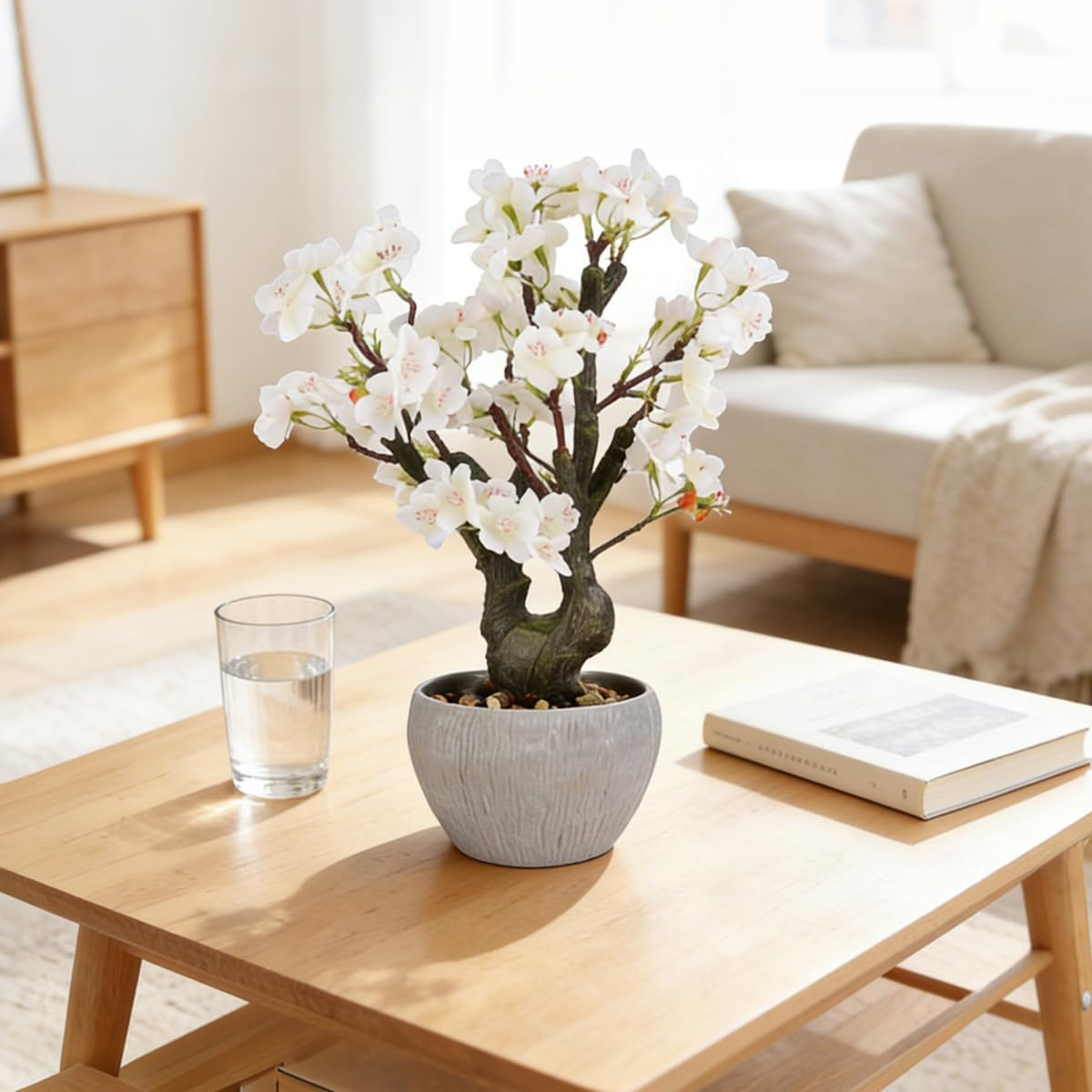 Realistic White Cherry Blossom Bonsai Tree – 15.7″ Potted Floral Decor