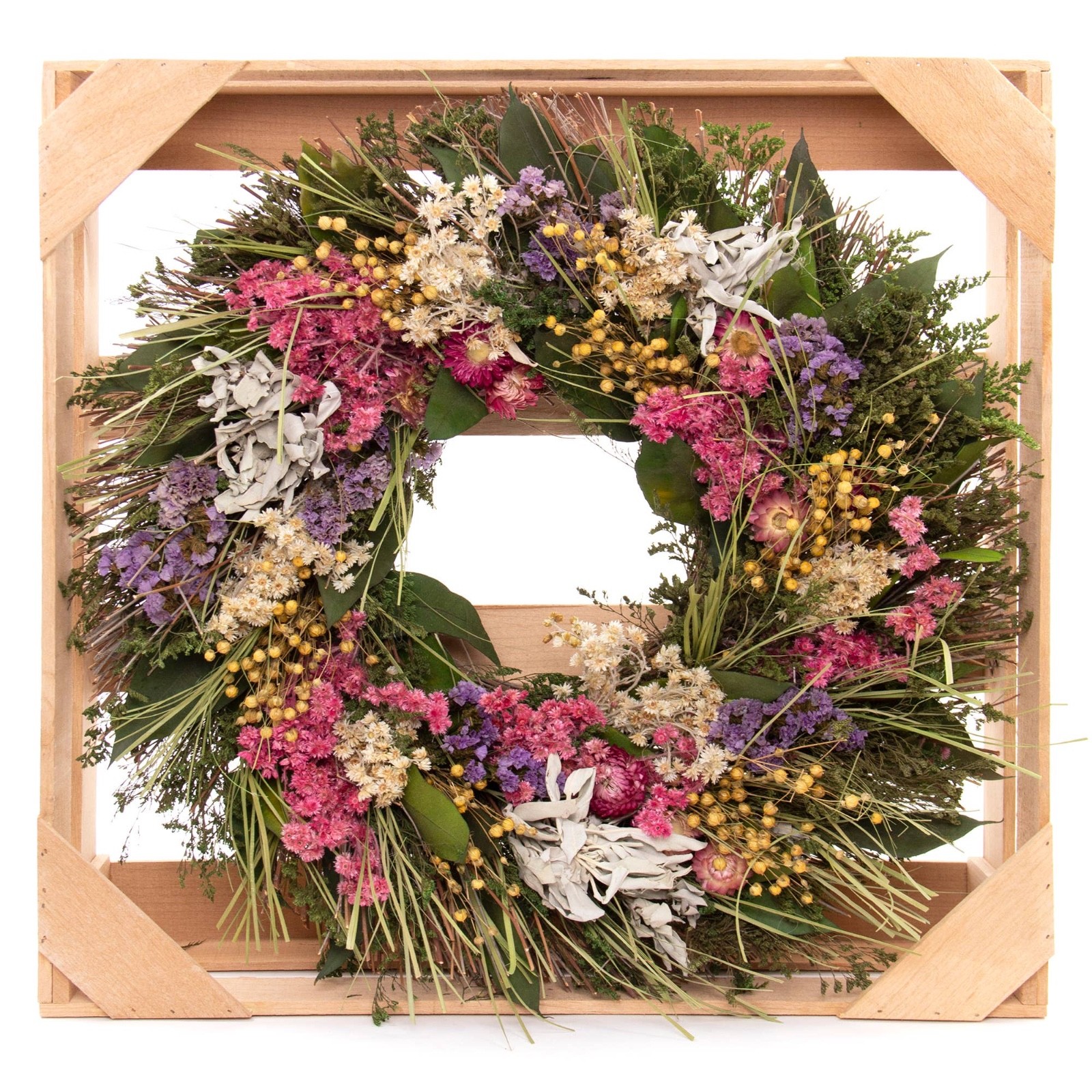 18″ Dried Floral Wreath with Sage Pink Purple White Flowers Front Door Decor