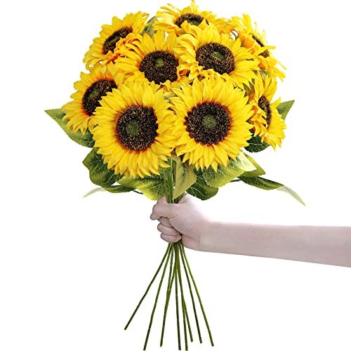 9-Pack Artificial Sunflower Stems, 19.7″ Tall Full & Lifelike Yellow Silk