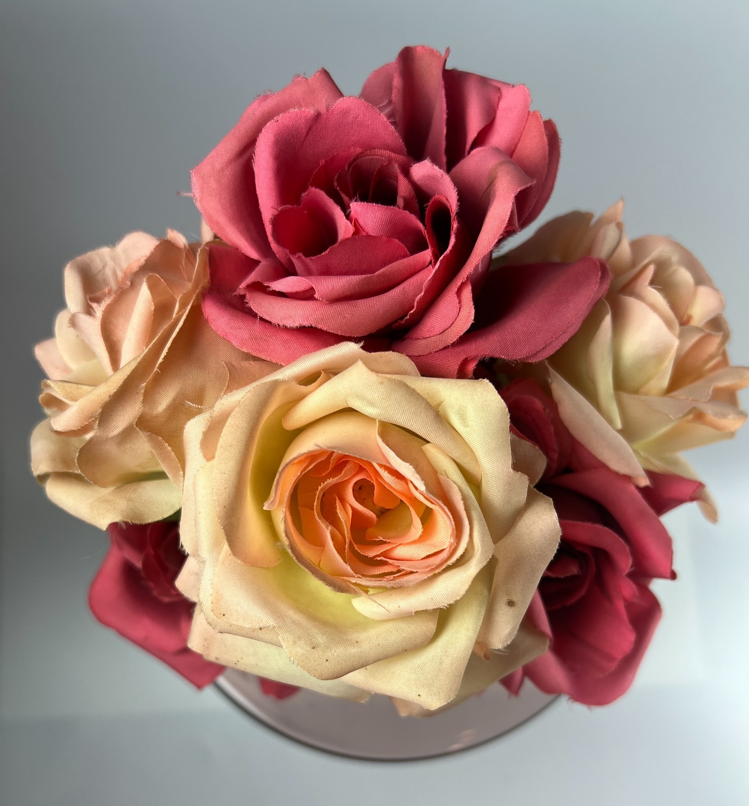 6 True VINTAGE long stem silk roses pink cream ombre faux artificial 15″