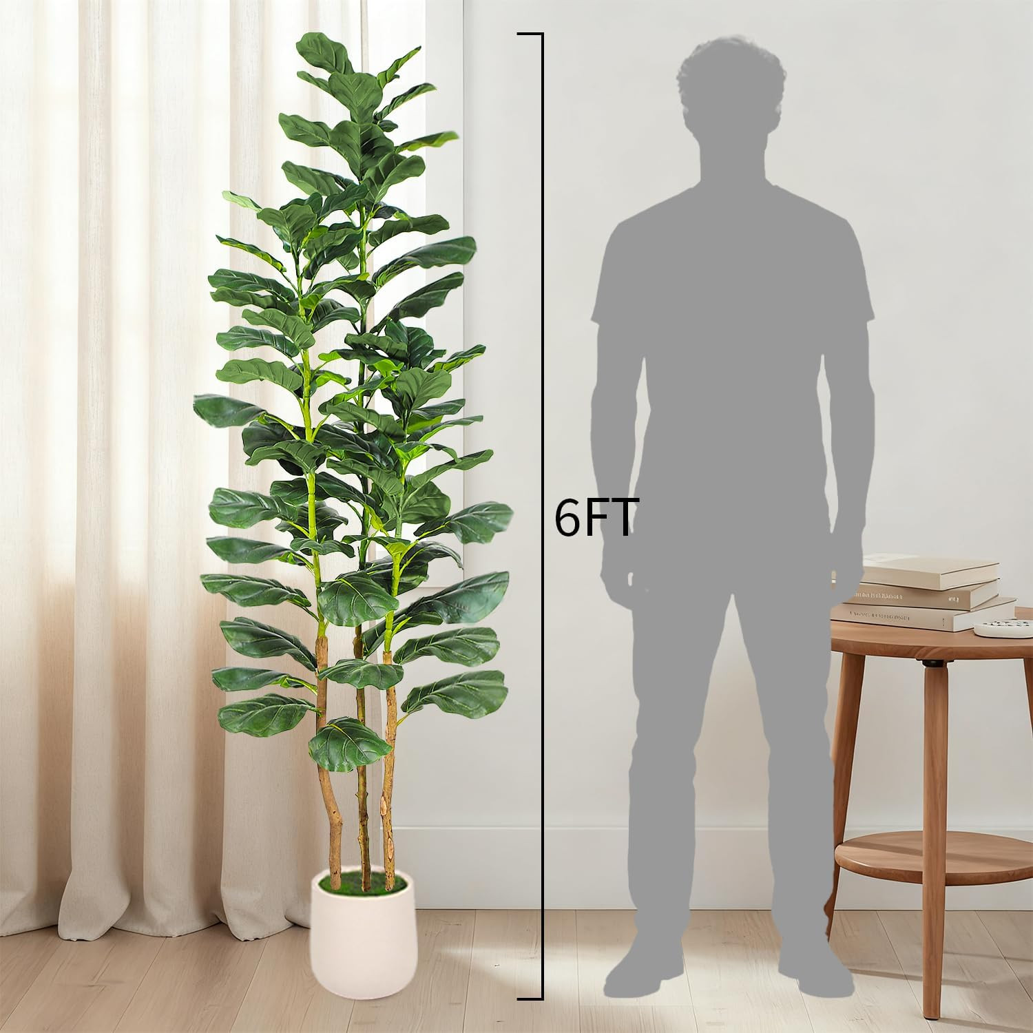 6ft Artificial Fiddle Leaf Fig Tree with White Planter, Tall Fake Plant with Nat