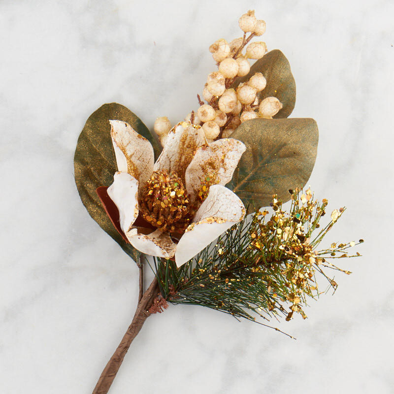 Set of 2 Gold Glittered Artificial Magnolia 14-1/2″ Sprays
