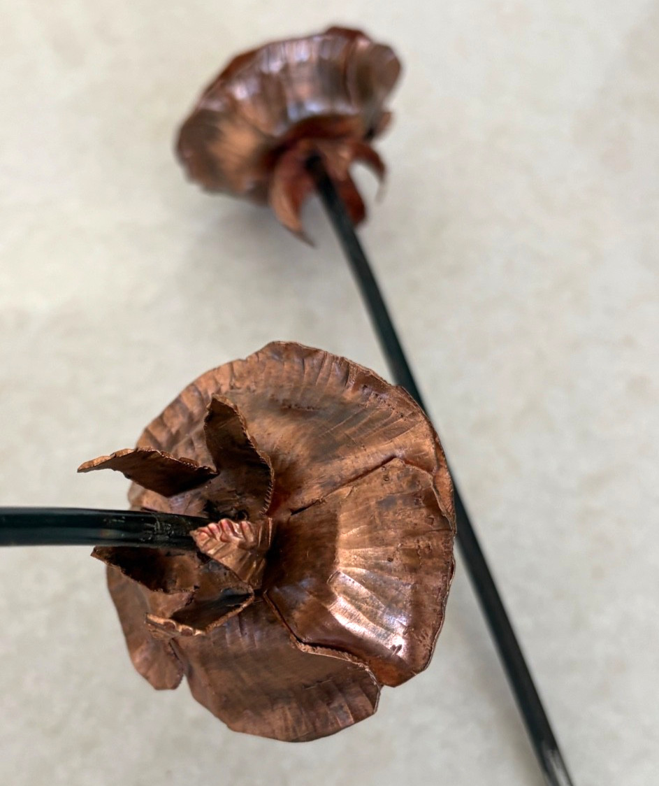 Copper-Tone Metal Rose Sculpture Pair 7” 9” Handcrafted Floral Decor