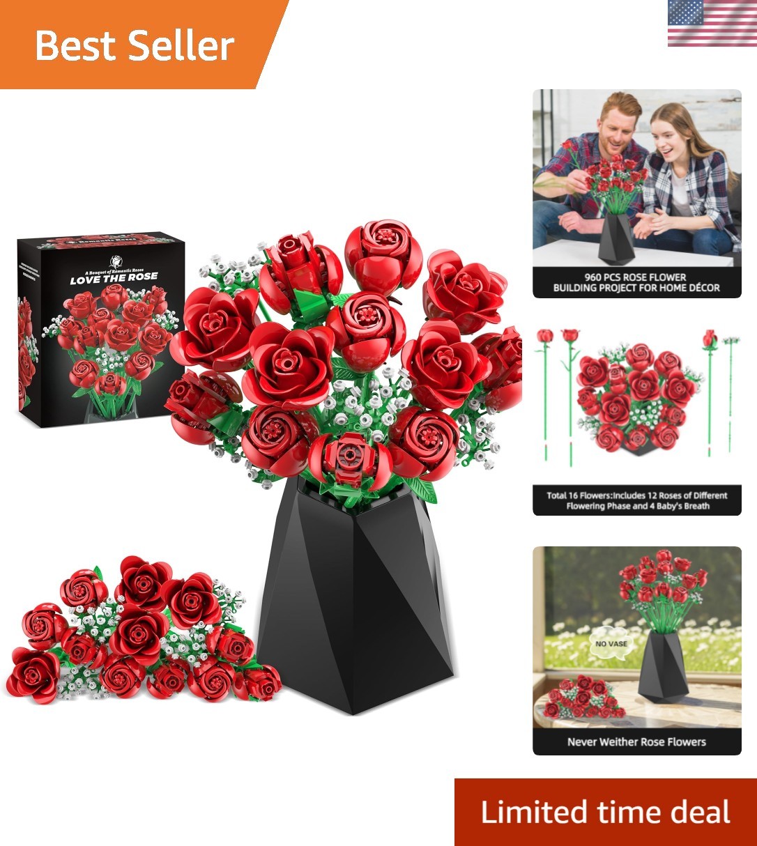 Eco-Friendly Red Rose Bouquet Building Blocks – 16Pcs for Lasting Romance
