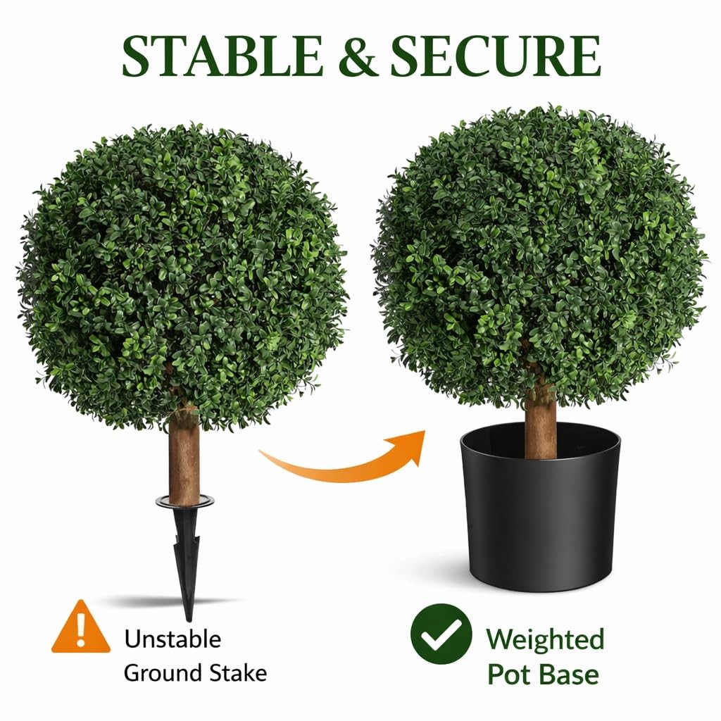 Real Touch Leaves Artificial Topiary Trees, 24″ T with 17″ W Faux Boxwood, Se…