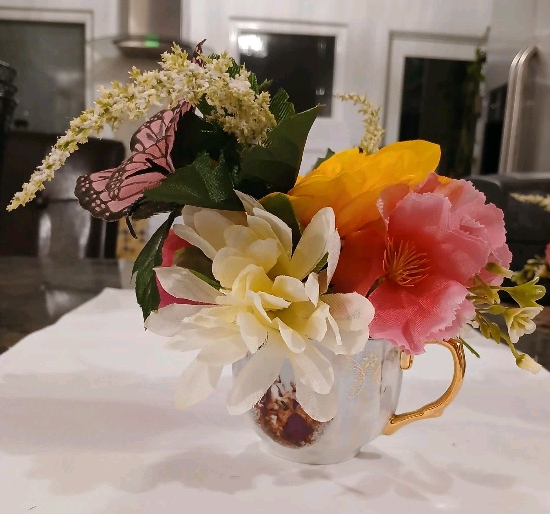 Pink Butterfly Floral Arrangement Tea Cup POP-IN Bridal Party Birthday Get Well