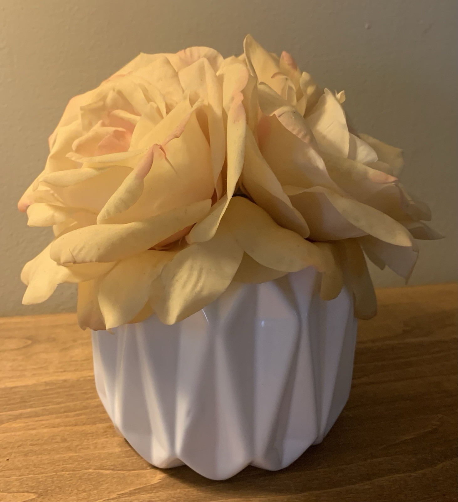 Faux Blush Pink Roses Floral Arrangement Bouquet in White Ceramic Flower Pot