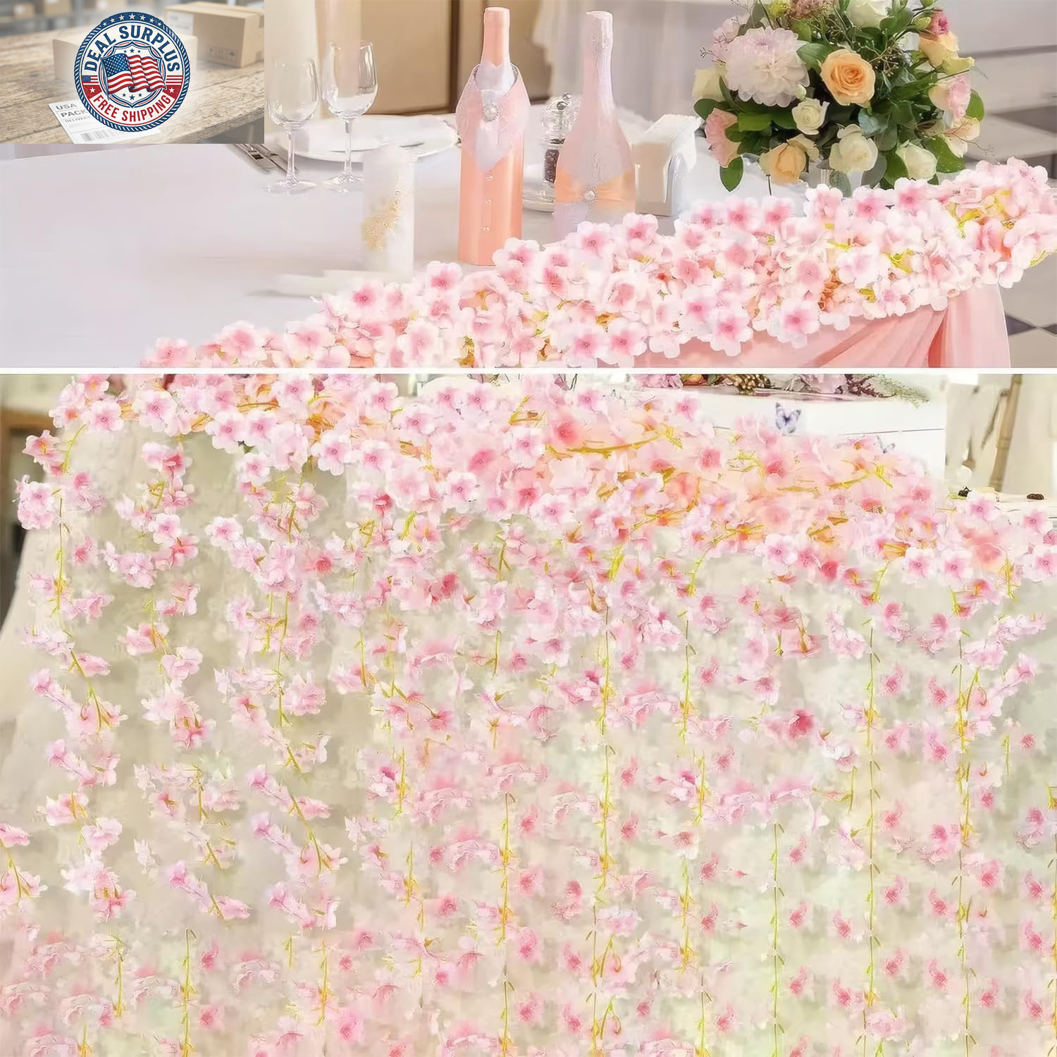 3Pcs 5.91 Ft Artificial Cherry Blossoms Garland Pink Fake Vines Hanging Silk Che