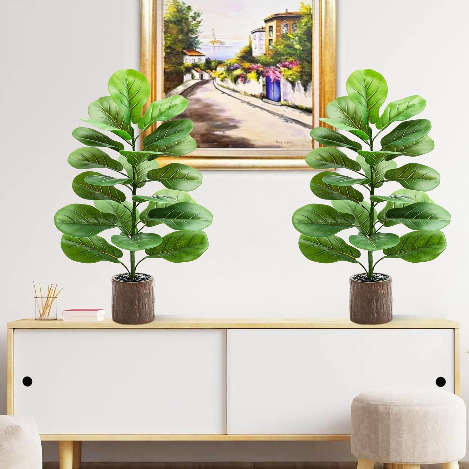 2 Pack 30″ Faux Fiddle Leaf Fig Trees with Wood-Grain Pots for Home Decor