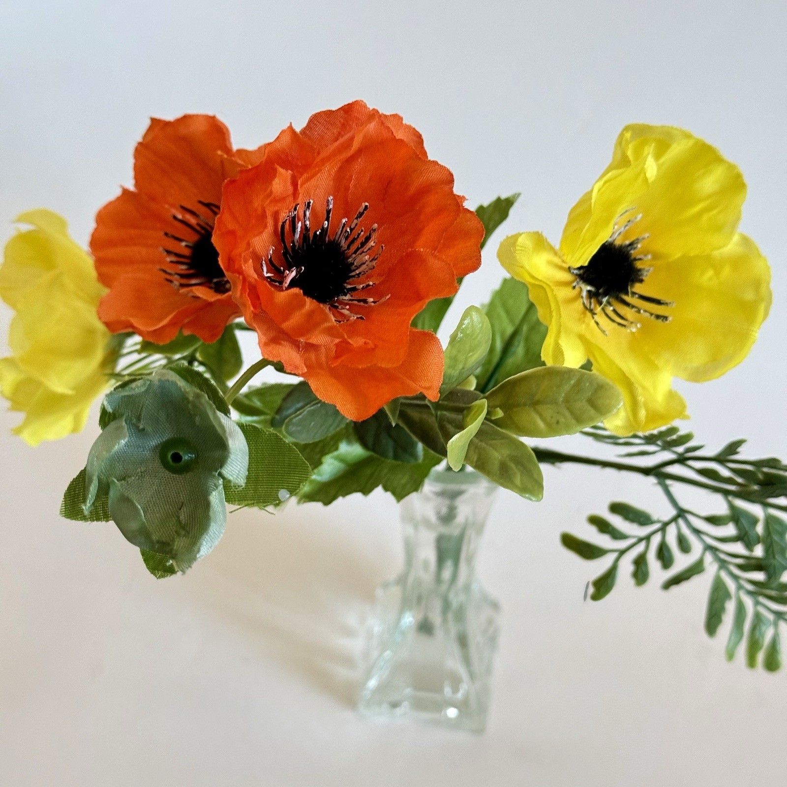 Faux Poppy Arrangement in Glass Bud Vase 10” Tall Red Yellow Floral