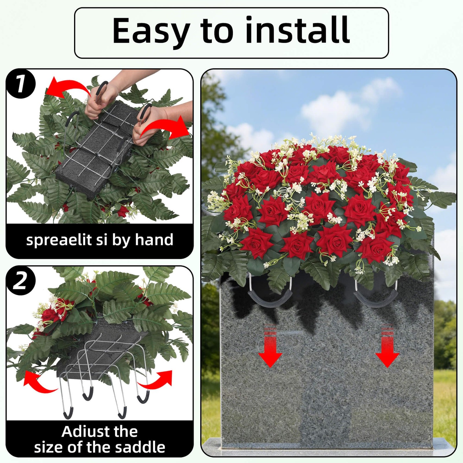 3 Piece Memorial Flowers Set for Cemetery – Large Headstone Flower Saddle + 2…