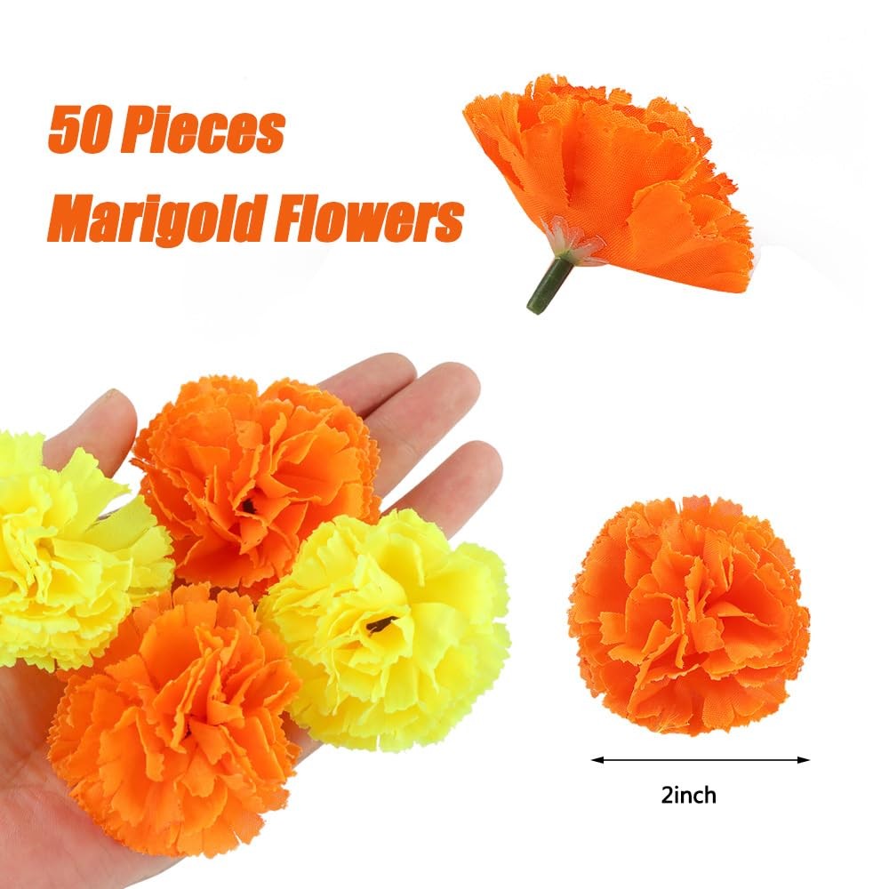 50 Pcs Marigold Flower Heads Bulk, Artificial Mexican Flowers Silk Fake Marig…