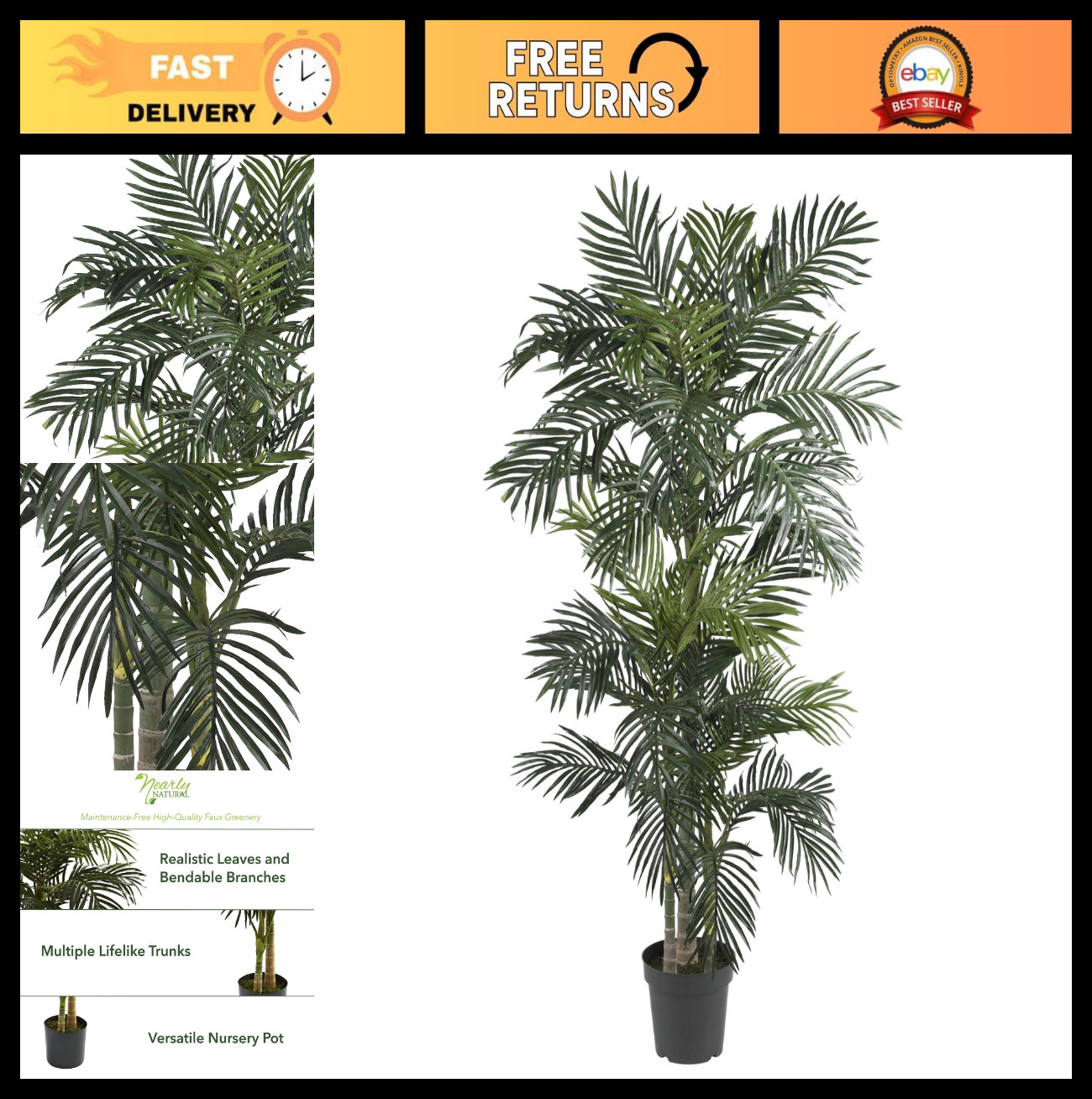6.5ft Artificial Golden Cane Palm Tree – Lifelike Silk Indoor Plant, Low-Mainten
