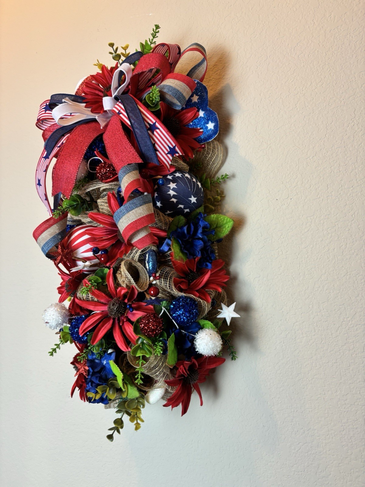 Patriotic Swag Wreath Red White Blue 4th July Door Decor Americana Bow