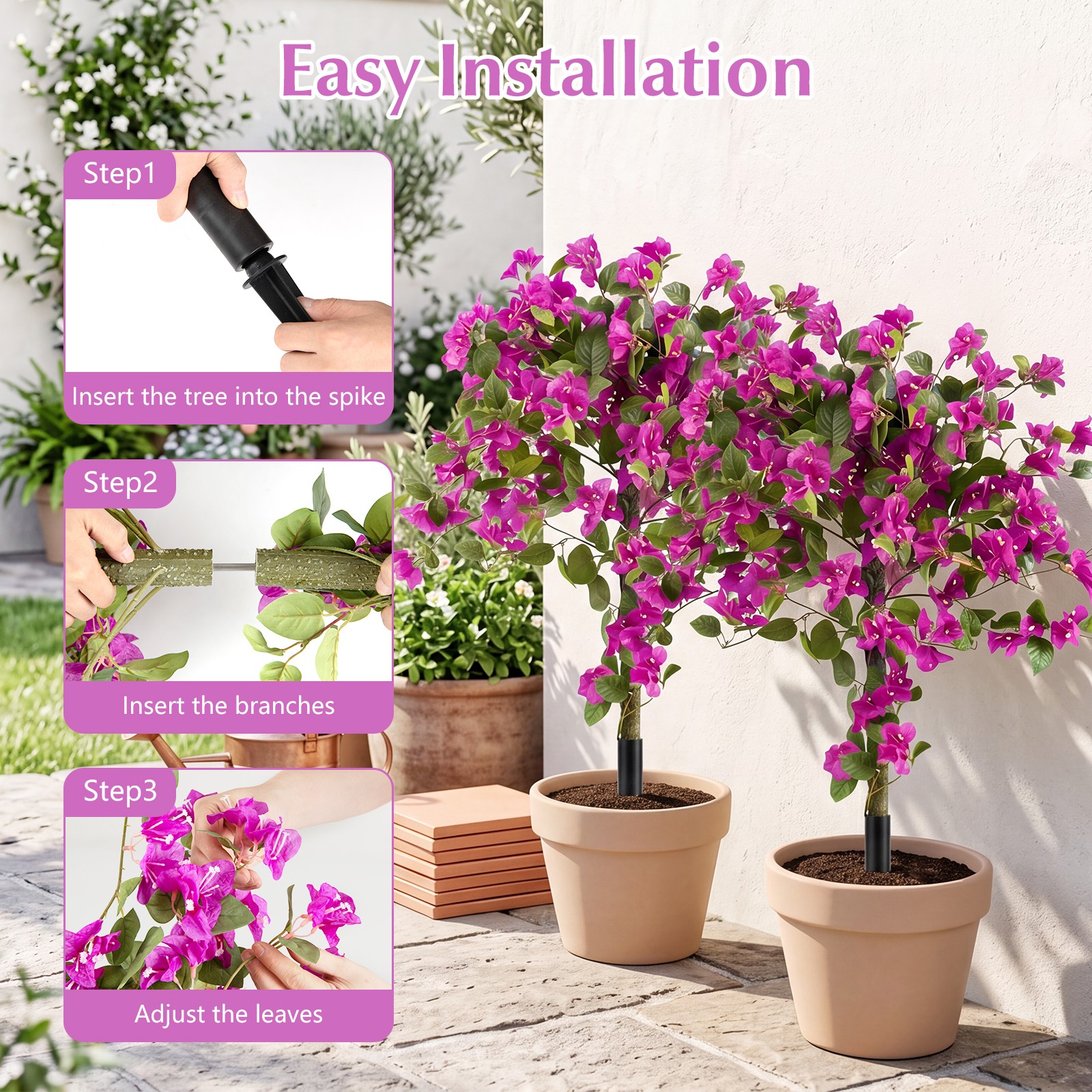 2 Pack Bougainvillea Artificial Trees w/Stable Ground Spike, PE Trunks for Porch