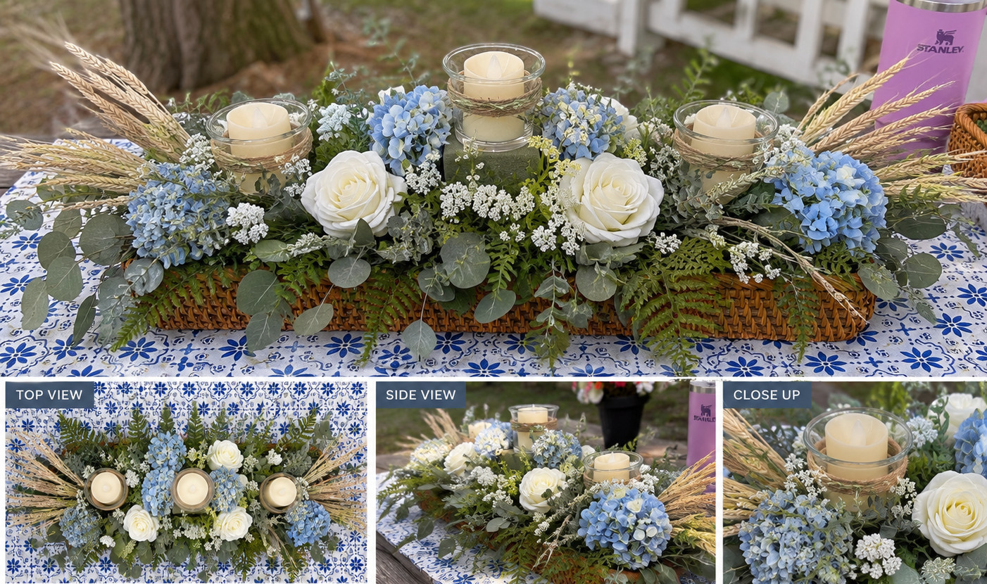 Faux Flowers in Handmade Wooden Box for Dining Table Centerpiece-FREE SHIPPING!