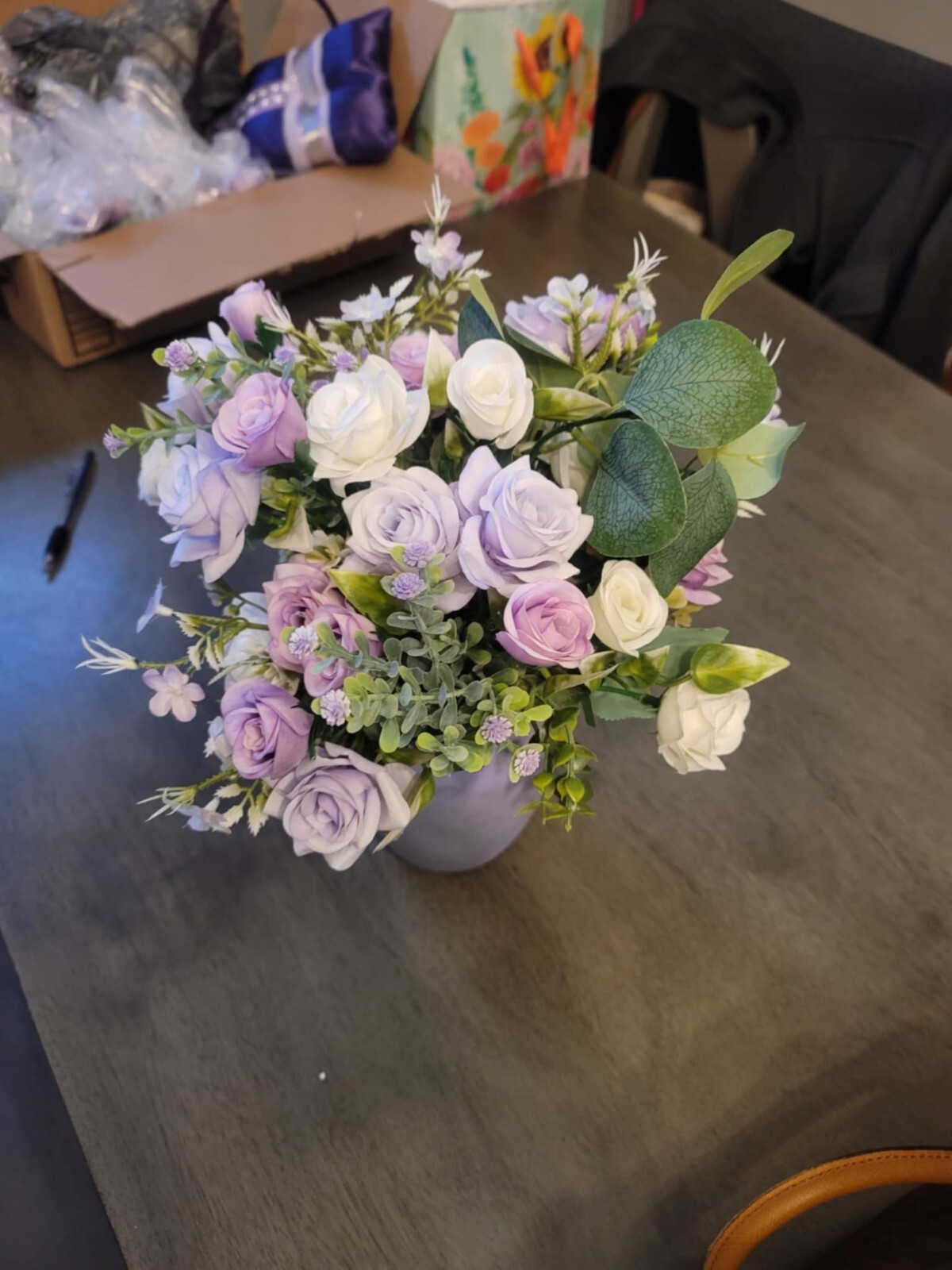 12″ Lavender Lilac & White Rose Bouquet with purple flower bush and greenery