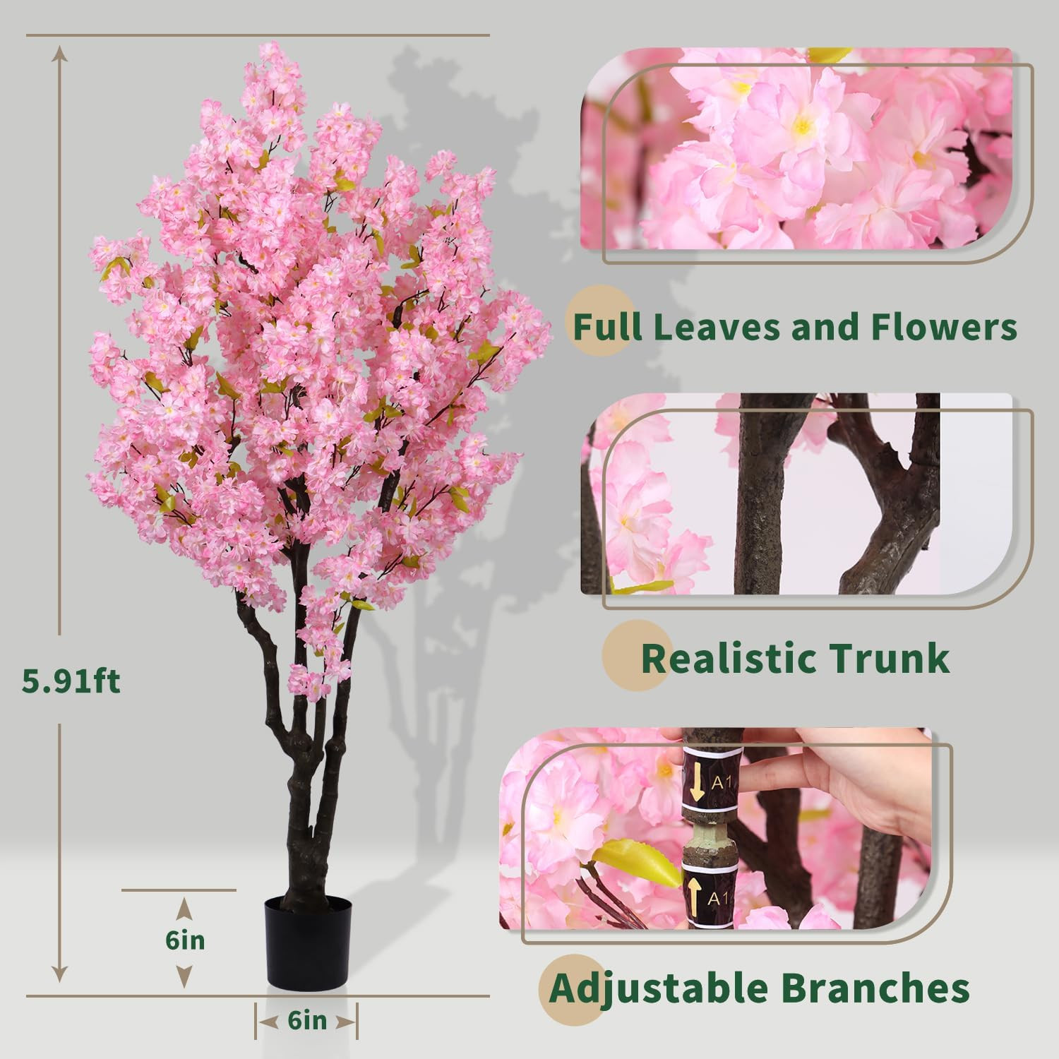 6Ft Tall Cherry Blossom Artificial Tree, Handmade Light Pink Cherry Tree, Fake F