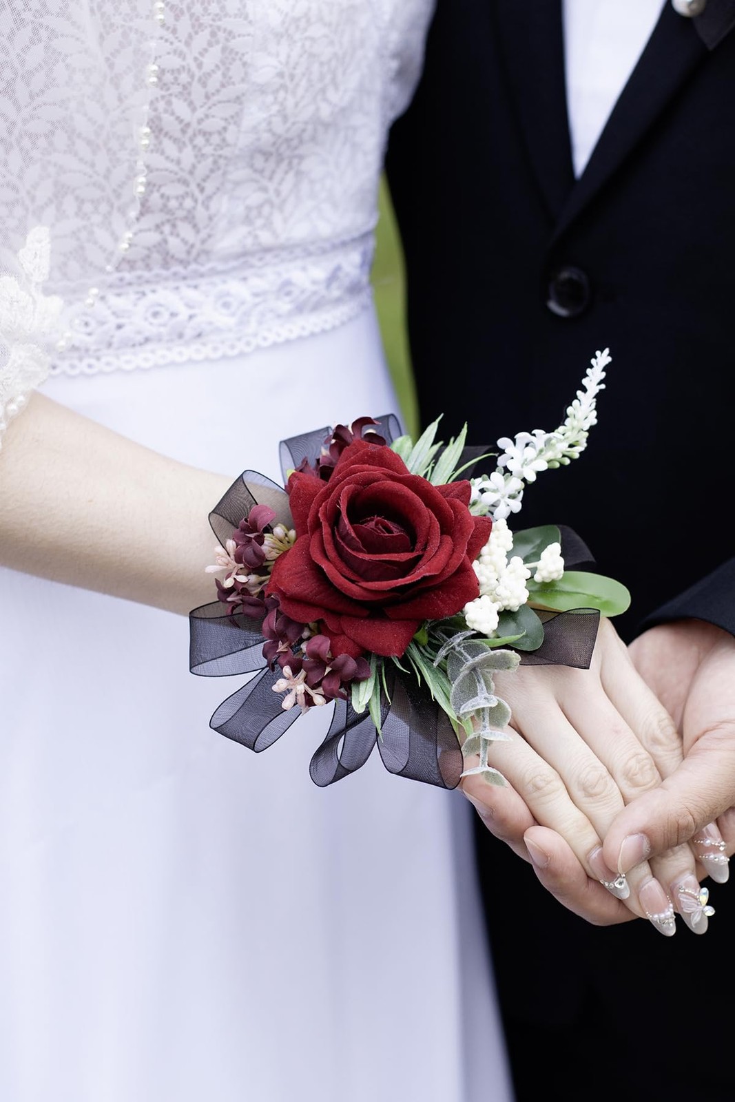 2 PCS Burgundy Black Rose Wrist Corsage Boutonniere Set Wedding Prom Flowers
