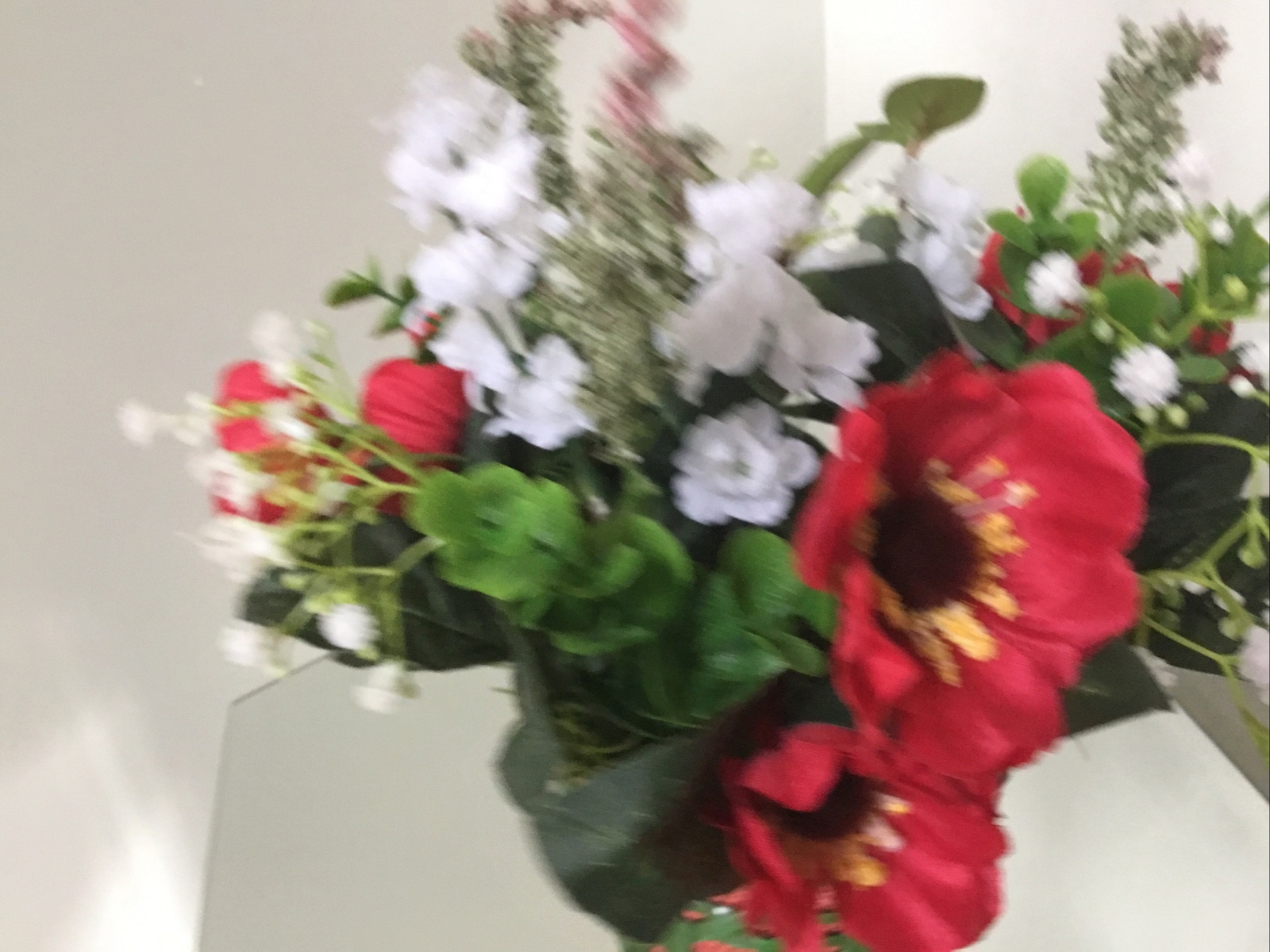 Artificial Floral ARRANGEMENT FlowerRed Decor white Vase 10inches tall